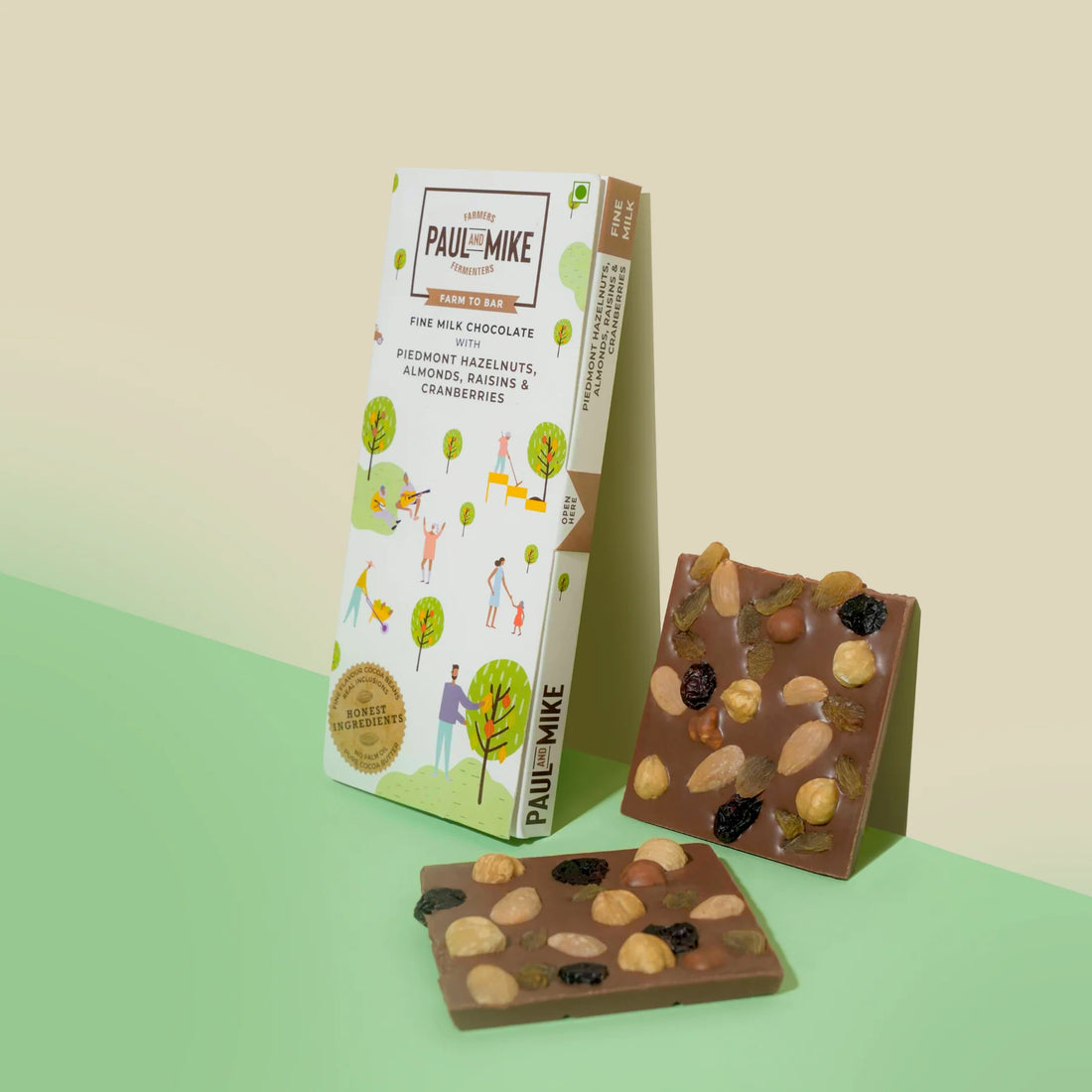 Milk Chocolate | Piedmont Hazelnuts, Almonds, Raisins & Cranberries Fine Milk Chocolate - Farm To Bar - Non-GMO Sunflower Lecithin , No Added Vanilla, Chocolate flavors Or Nothing Artificial - Paul & Mike - 102gm
