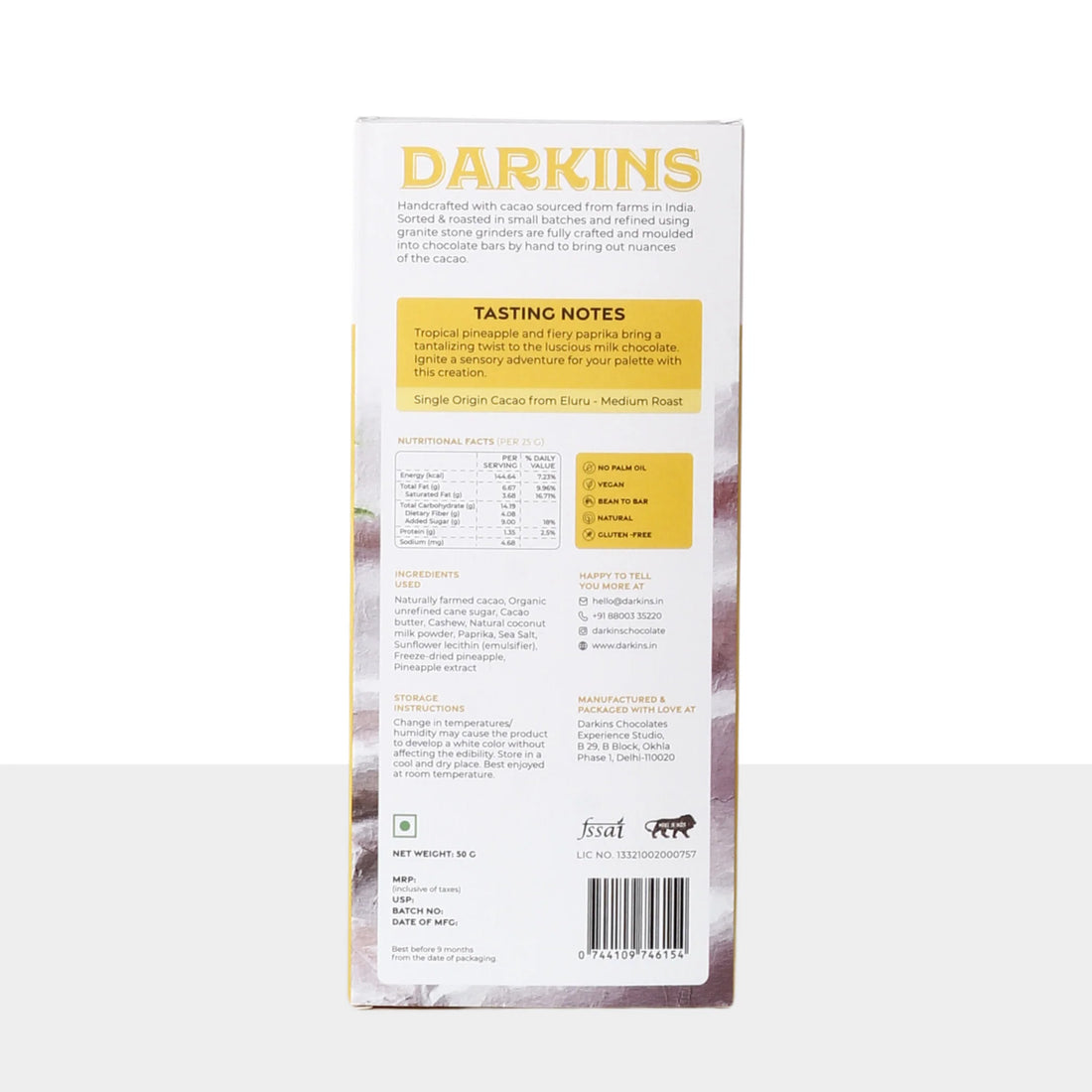 Milk Chocolate | Mylk - Pineapple Paprika - Bean To bar - Natural - Vegan, Gluten Free & No Palm Oil - Darkins - 50gm