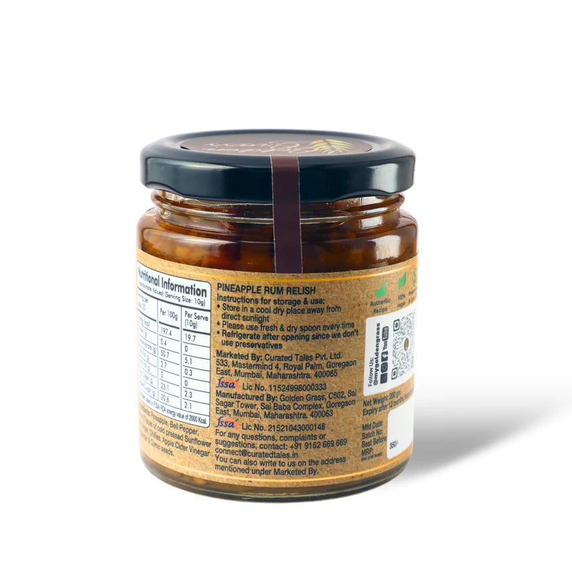 Pineapple Rum Relish – 100% Natural - No Added Colour &amp; No Added Preservatives – Golden Grass – 200gm