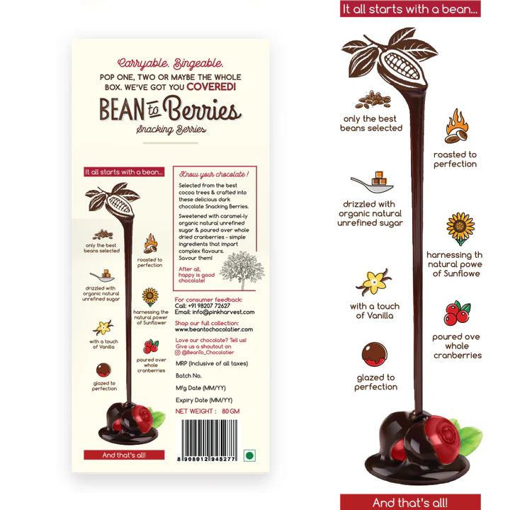 Chocolate Coated | Bean To Berries - Chocolate Coated Cranberries - Vegan, No Oil &amp; No Refined Sugar - Pink Harvest - 80gm