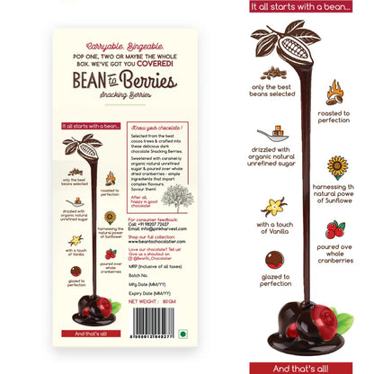 Chocolate Coated | Bean To Berries - Chocolate Coated Cranberries - Vegan, No Oil &amp; No Refined Sugar - Pink Harvest - 80gm