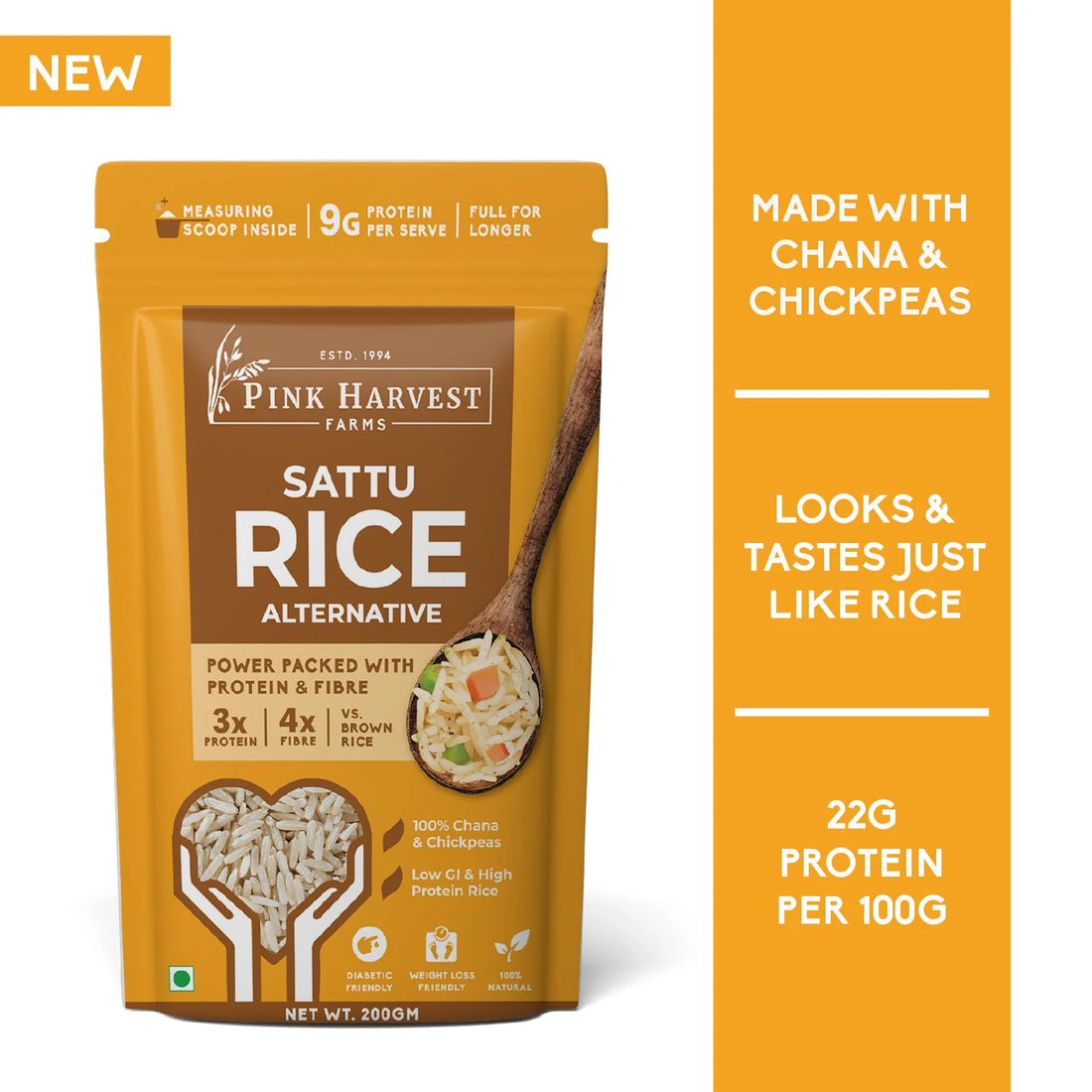 Sattu Rice | Sattu Rice Alternative (Made With Chana & Chickpeas) - 9g Protein Per Serve - Diabetic Friendly & High In Protein - Pink Harvest - 200gm