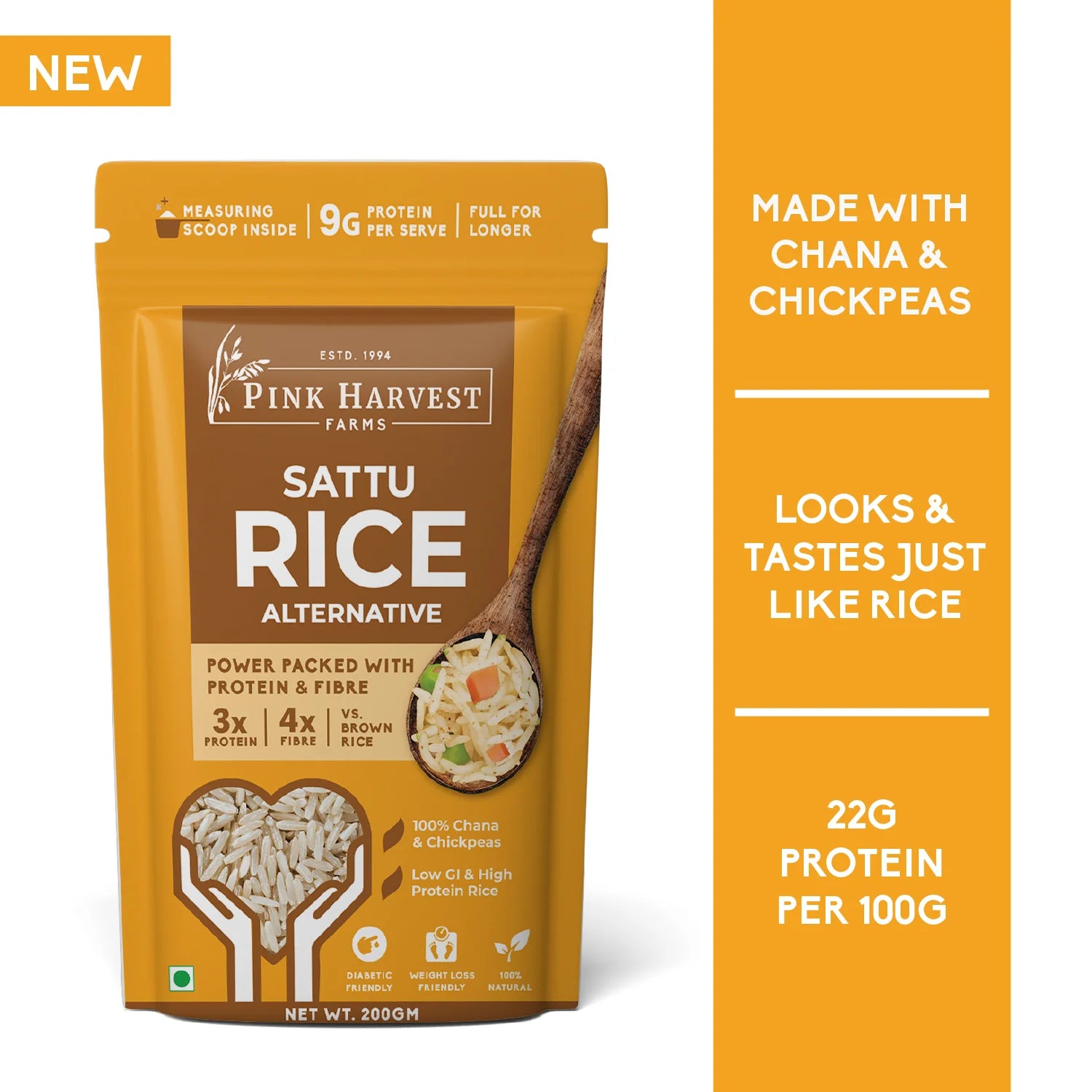 Sattu Rice | Sattu Rice Alternative (Made With Chana &amp; Chickpeas) - 9g Protein Per Serve - Diabetic Friendly &amp; High In Protein - Pink Harvest - 200gm