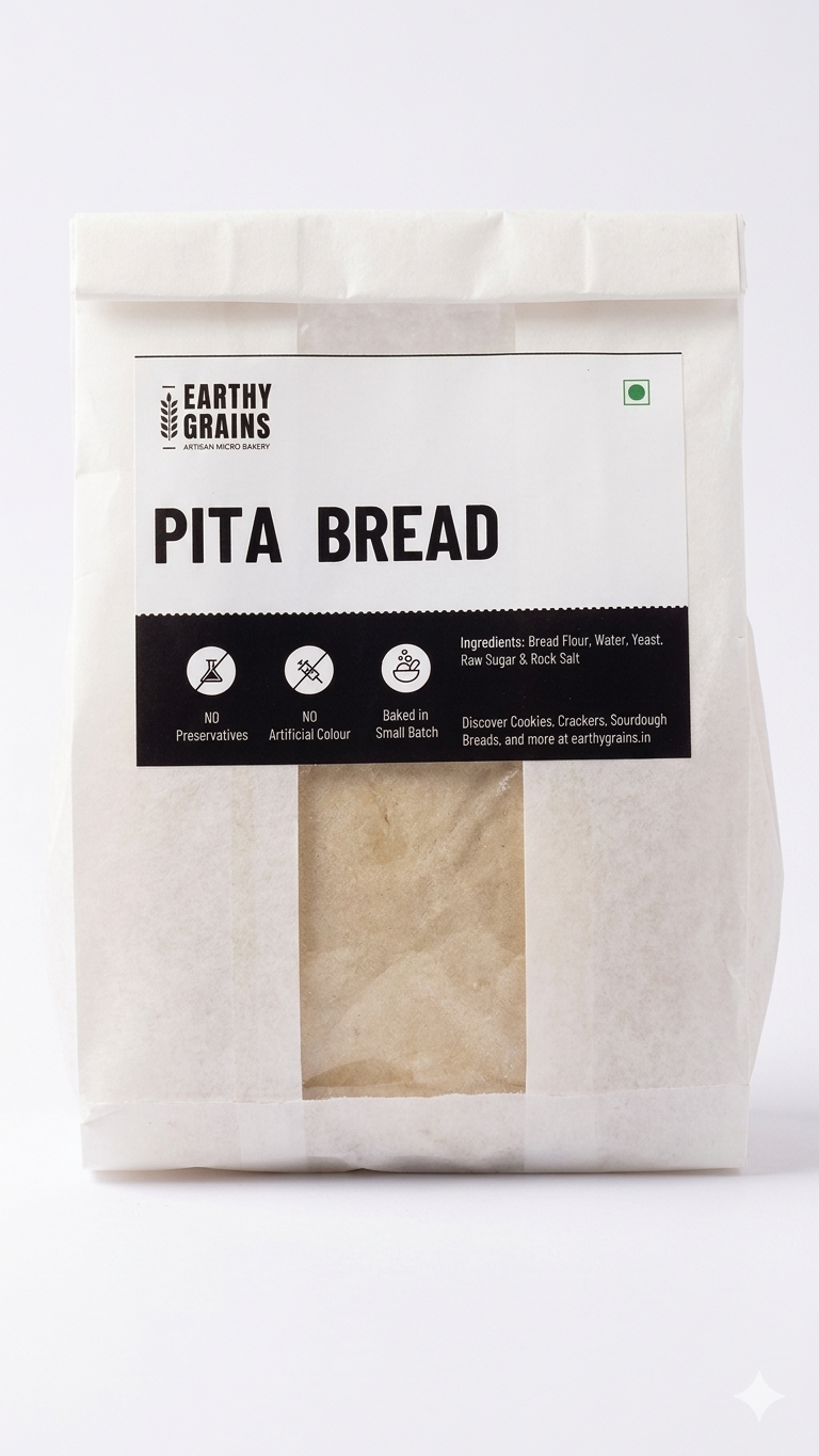 Pita Bread- Baked Small Batch - No Preservatives, No Artificial Colour - Earthy Grains
