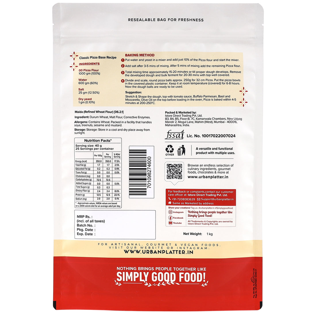Pizza Flour | Italian Style Soft &amp; Silky ’00’ Pizza Flour – Vegan - Urban Platter – 1000gm