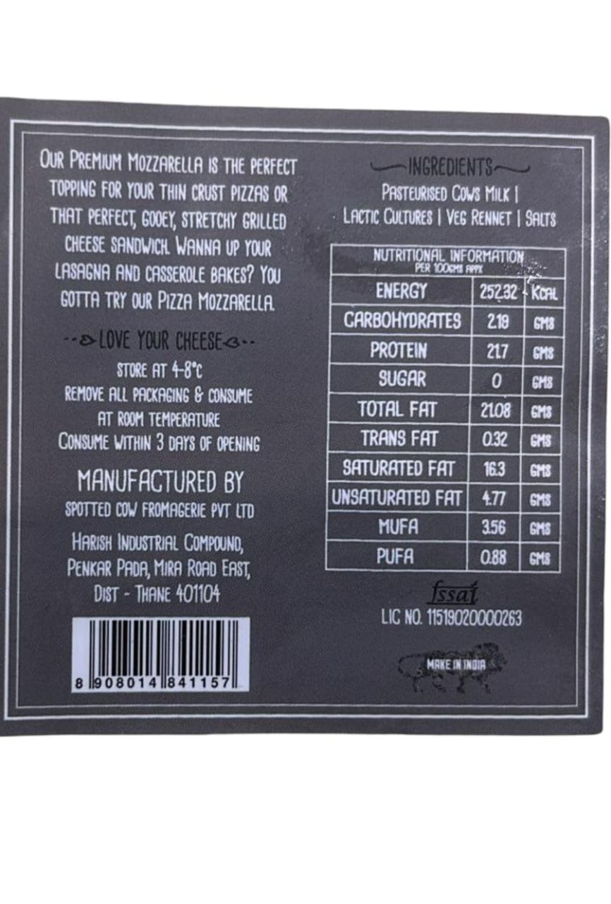 Pizza Mozzarella Cheese - Spotted Cow Fromagerie - 250gm