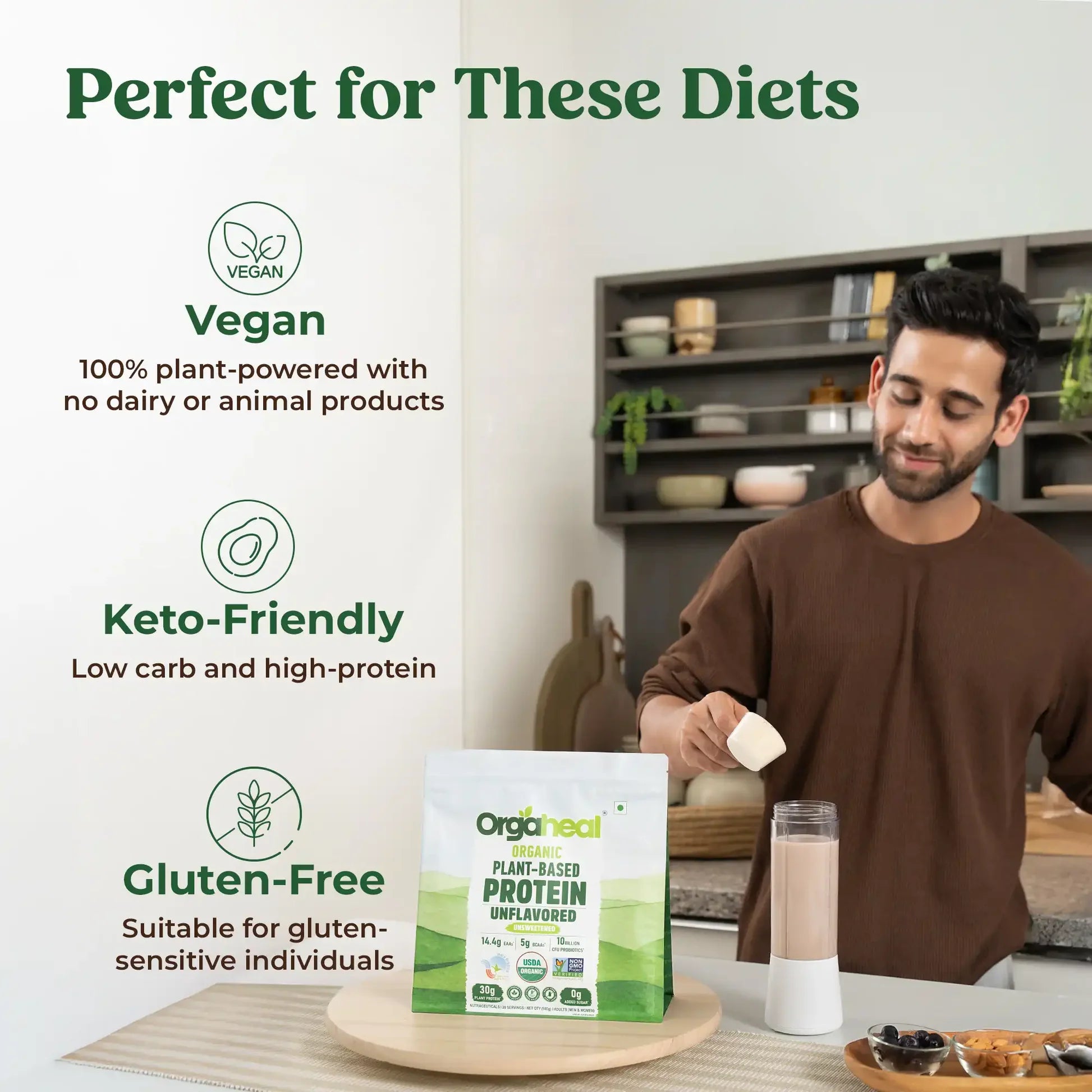 Protein Powder | Plant Based Protein Powder Unsweetened (Unflavored) - 30g Plant Protein - USDA Organic - Vegan, Gluten Free &amp; Dairy Free - Orgaheal -980gm