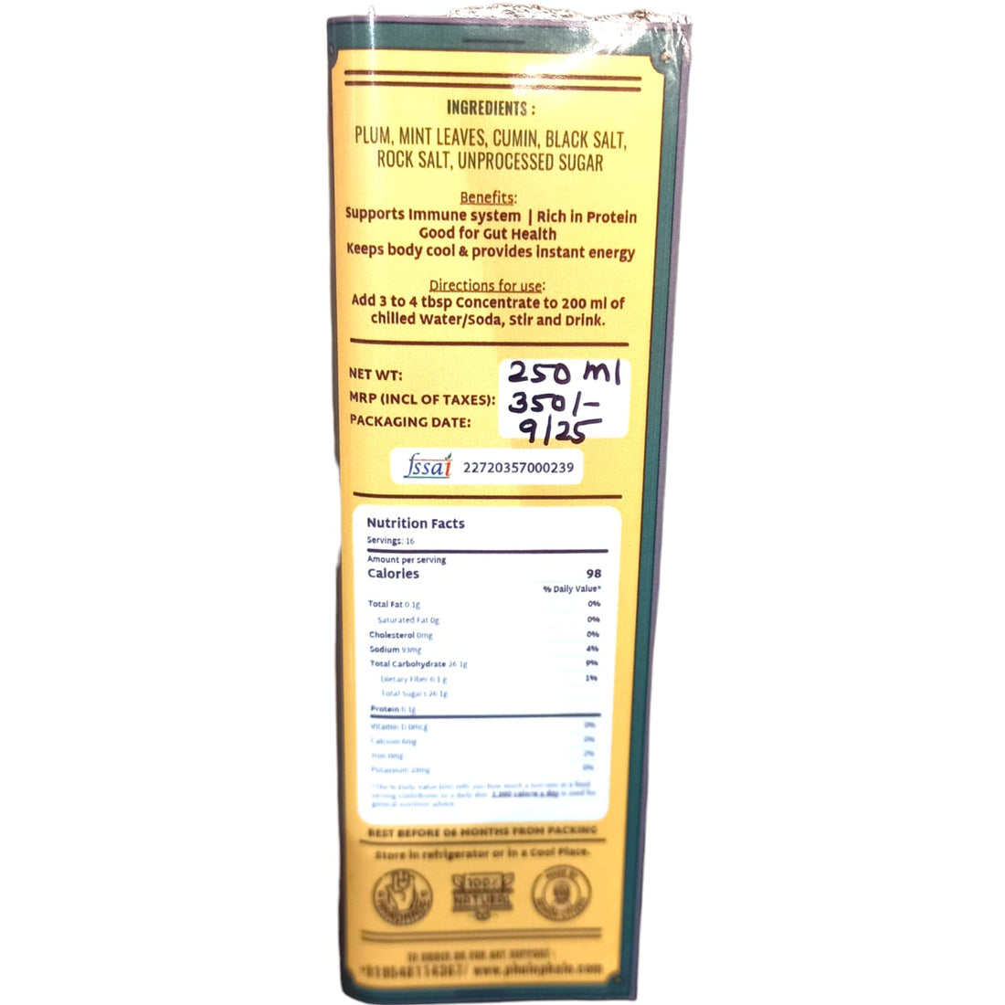 Plum Panna Drink | Indian Spiced Drink With Real Juicy Plums - No Preservatives &amp; No Artificial Flavors - Phulo Phalo - 250ml