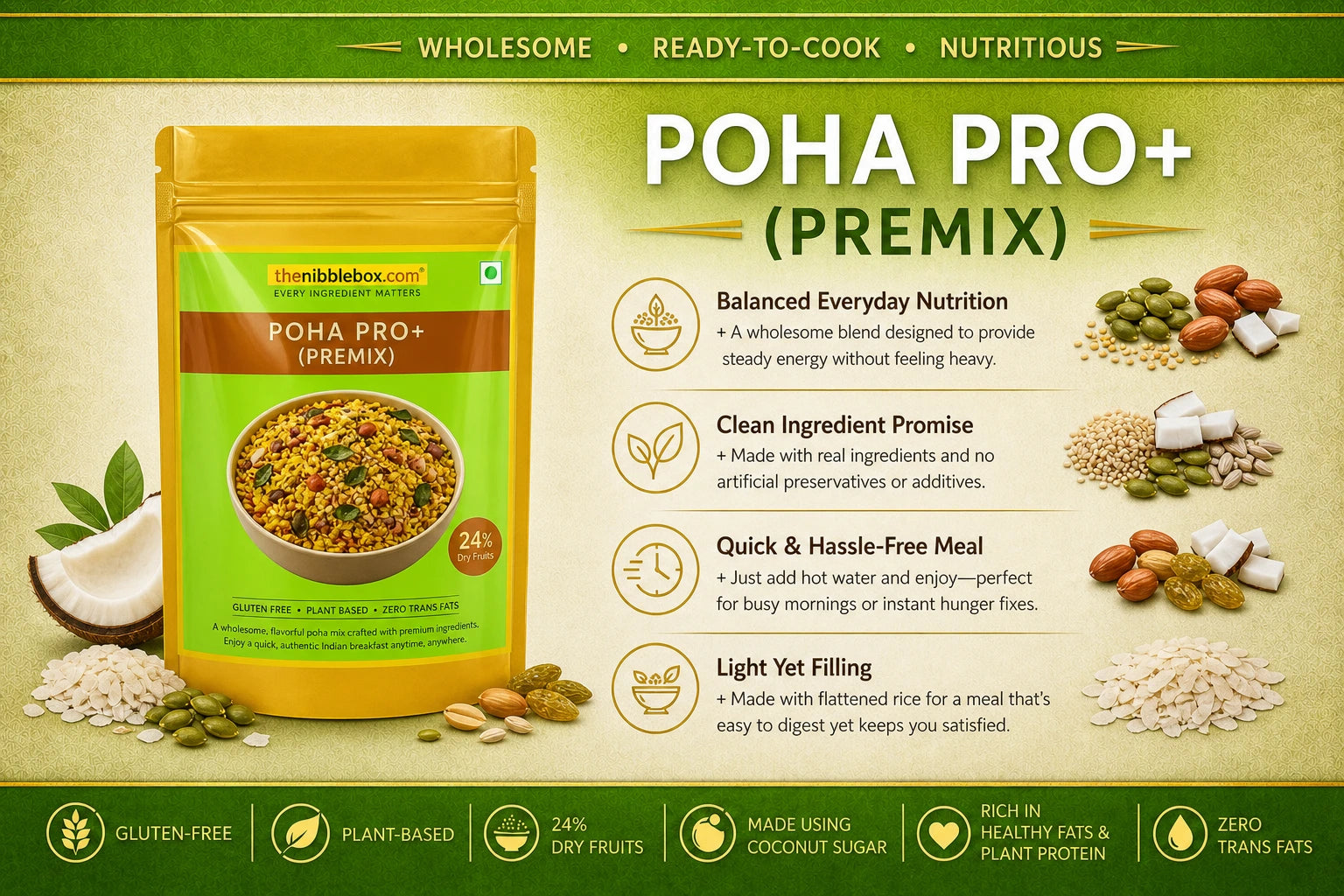Poha | Poha Pro + (Instant Premix, 24% nuts-seeds- dried fruit ) -Plant Based, Gluten Free -No Added Refined Sugar, Zero Trans Fats -The Nibble box- 160gm