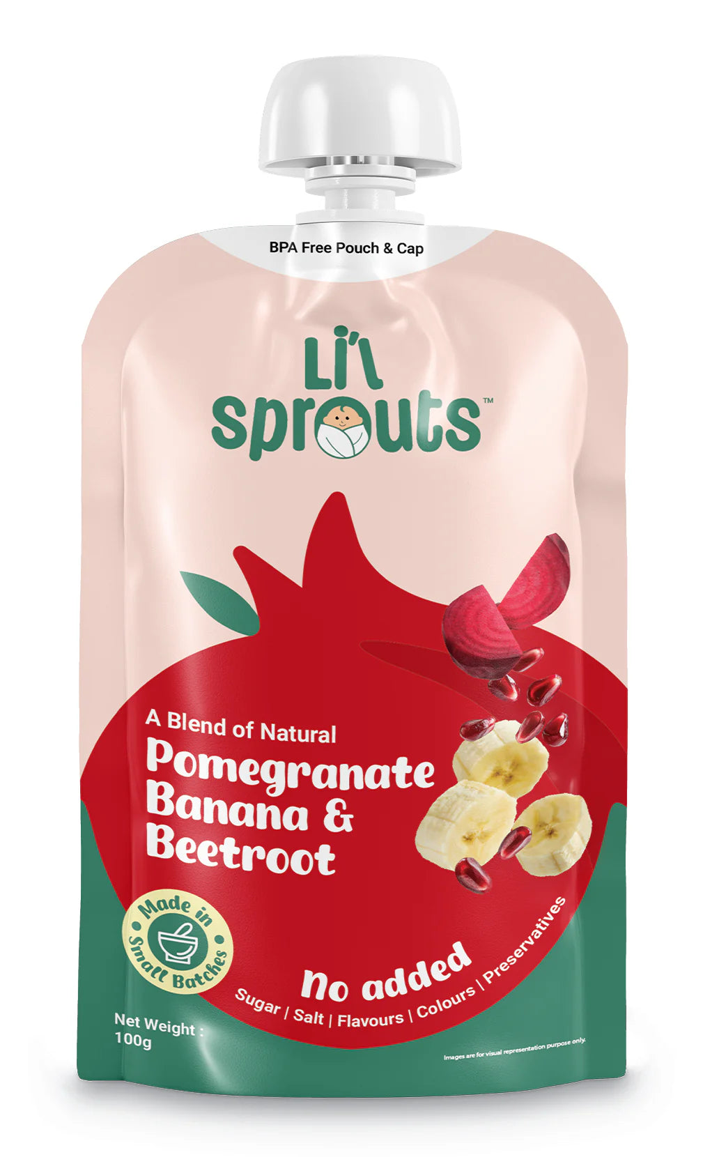 Puree | Pomegranate, Banana, And Beetroot Puree - Sweet Tangy Earthy Flavors - 100% Natural - Cold Pressed Ingredients - No Added Sugar, Salt, Flavours, Colours & No Artificial Ingredients - Lil Sprouts - 100gm