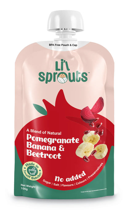 Puree | Pomegranate, Banana, And Beetroot Puree - Sweet Tangy Earthy Flavors - 100% Natural - Cold Pressed Ingredients - No Added Sugar, Salt, Flavours, Colours &amp; No Artificial Ingredients - Lil Sprouts - 100gm