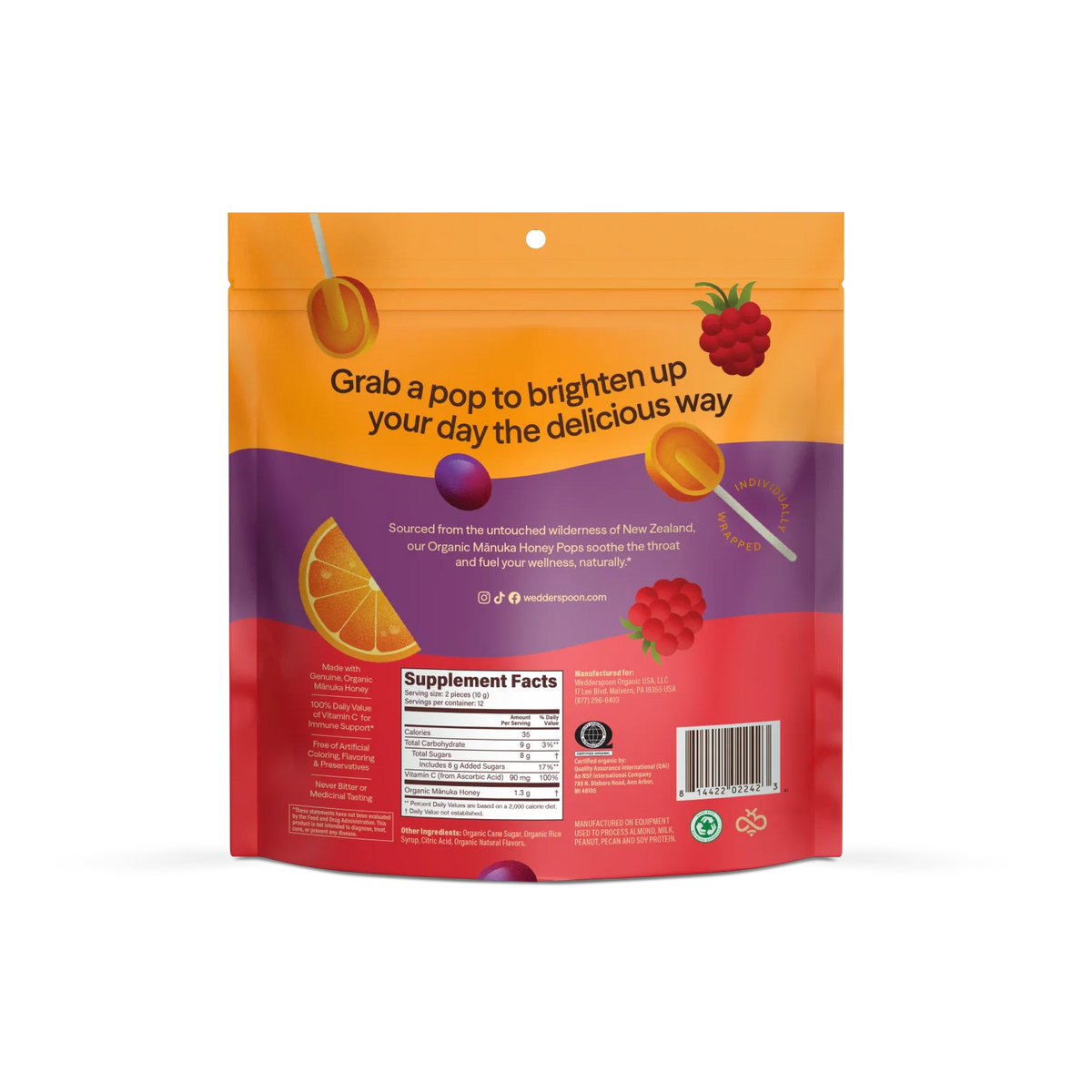 Pops | Manuka Honey Pops (Flavour Raspberry, Grape, Orange)-USDA Organic - Throat Soothing &amp; Immune Support  - With RDI Vitamin C - USDA Organic - Wedderspoon (118gm)