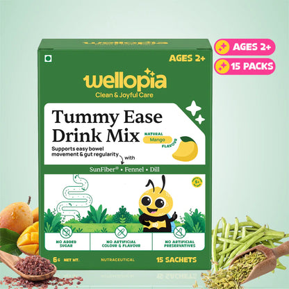 Tummy Ease Drink Mix (Ages 2+)-Prebiotic Fiber for Digestion &amp; Constipation Relief - Natural Mango Flavour (Fennel, Dill) -No Artificial Preservatives - No Artificial Colors- No Refined Sugar - Wellopia- (15 Sachets) -6gm
