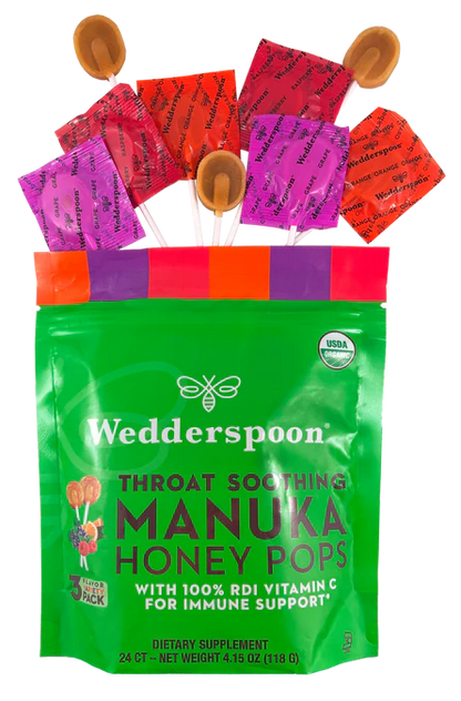 Manuka Honey Pops. - Throat Soothing - With RDI Vitamin C - USDA Organic - Wedderspoon (118gm)