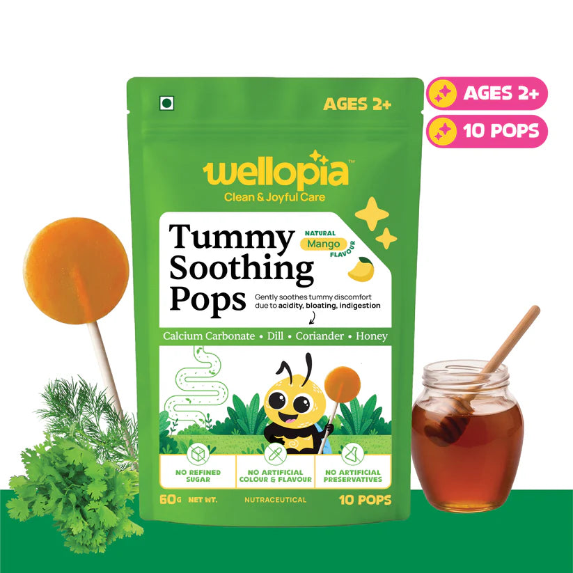 Pops | Tummy Soothing Pops (Ages 2+) - Natural Mango Flavour (Honey, Coriander, Dill) -No Artificial Preservatives - No Artificial Colors- No Refined Sugar - Wellopia- (10 Wrapped Pops) -60 gm