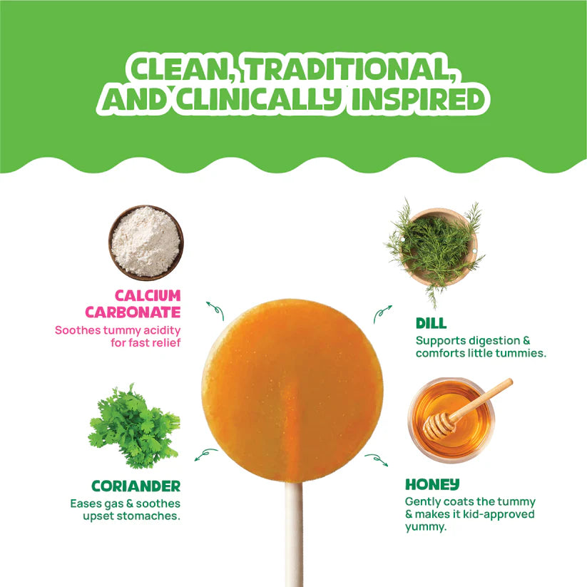 Pops | Tummy Soothing Pops (Ages 2+) - Natural Mango Flavour (Honey, Coriander, Dill) -No Artificial Preservatives - No Artificial Colors- No Refined Sugar - Wellopia- (10 Wrapped Pops) -60 gm