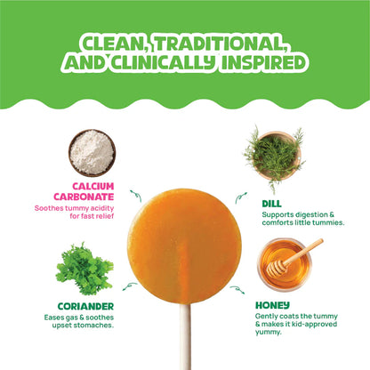 Pops | Tummy Soothing Pops (Ages 2+) - Natural Mango Flavour (Honey, Coriander, Dill) -No Artificial Preservatives - No Artificial Colors- No Refined Sugar - Wellopia- (10 Wrapped Pops) -60 gm