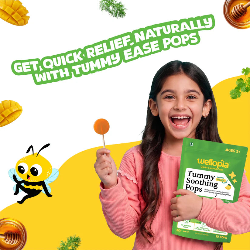 Pops | Tummy Soothing Pops (Ages 2+) - Natural Mango Flavour (Honey, Coriander, Dill) -No Artificial Preservatives - No Artificial Colors- No Refined Sugar - Wellopia- (10 Wrapped Pops) -60 gm