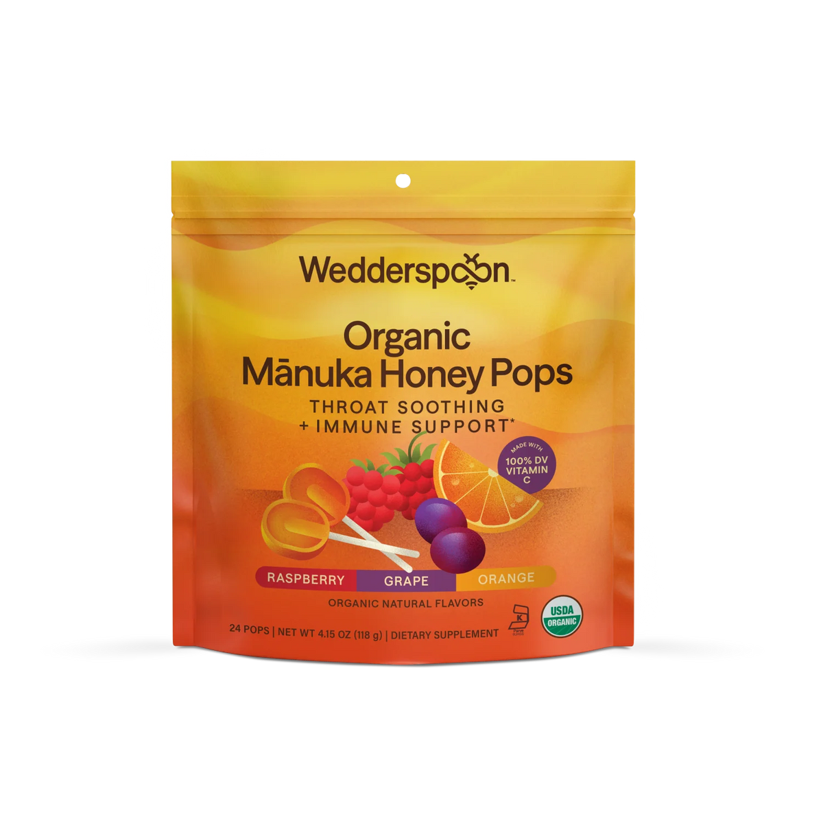 Pops | Manuka Honey Pops (Flavour Raspberry, Grape, Orange)-USDA Organic - Throat Soothing &amp; Immune Support  - With RDI Vitamin C - USDA Organic - Wedderspoon (118gm)