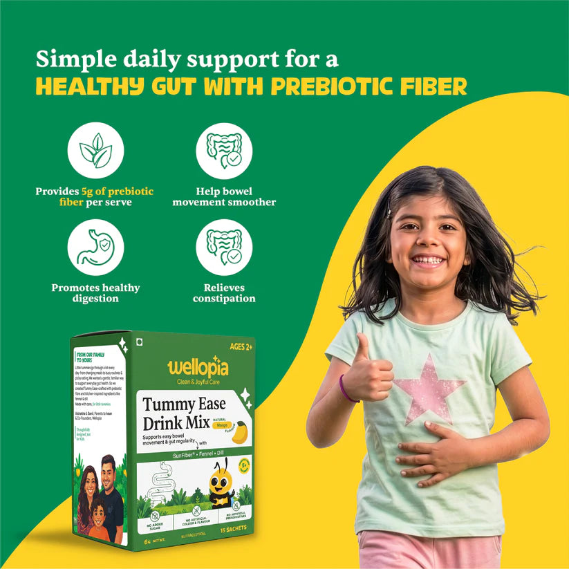 Tummy Ease Drink Mix (Ages 2+)-Prebiotic Fiber for Digestion &amp; Constipation Relief - Natural Mango Flavour (Fennel, Dill) -No Artificial Preservatives - No Artificial Colors- No Refined Sugar - Wellopia- (15 Sachets) -6gm