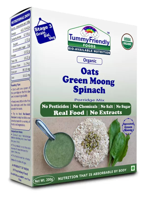 Porridge Mix | (Oats, Green Moong & Spinach) - USDA Organic - No Pesticides, Chemical, Salt& No Sugar - Tummy Friendly Foods - 200gm