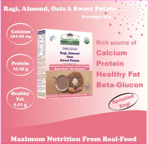 Porridge Mix | (Ragi, Almond Oats Sweet Potato) - USDA Organic - No Pesticides, Chemical, Salt &amp;amp; No Sugar - Tummy Friendly Foods - 200gm