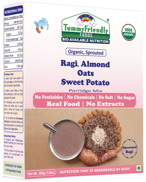Porridge Mix | (Ragi, Almond Oats Sweet Potato) - USDA Organic - No Pesticides, Chemical, Salt &amp;amp; No Sugar - Tummy Friendly Foods - 200gm