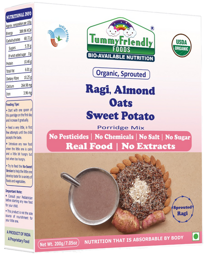 Porridge Mix | (Ragi, Almond Oats Sweet Potato) - USDA Organic - No Pesticides, Chemical, Salt &amp;amp; No Sugar - Tummy Friendly Foods - 200gm