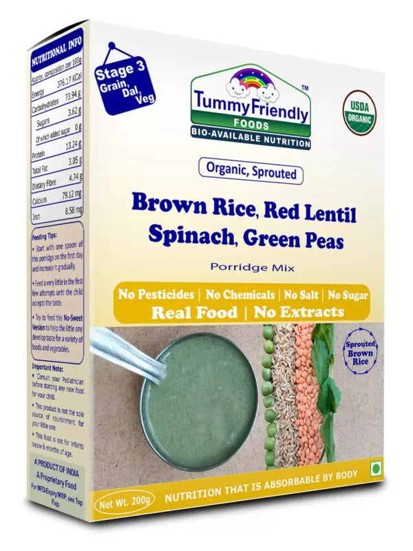 Porridge Mix | Sprouted (Brown Rice, Red Lentil, Spinach & Green Peas) - USDA Organic - No Chemical, Sugar & No Milk - Tummy Friendly Foods - 200gm