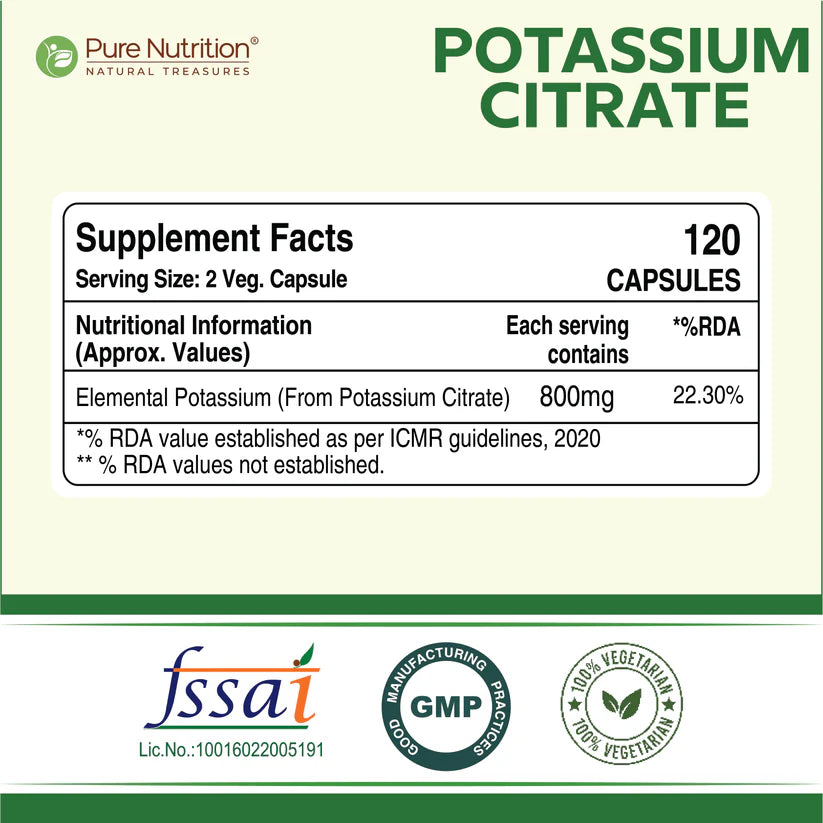 Potassium Citrate | Support Nerve Muscle, Joint, and Bone Health – Pure Nutrition – 800mg – 120 Veg Capsules