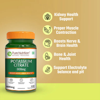 Potassium Citrate | Support Nerve Muscle, Joint, and Bone Health – Pure Nutrition – 800mg – 120 Veg Capsules