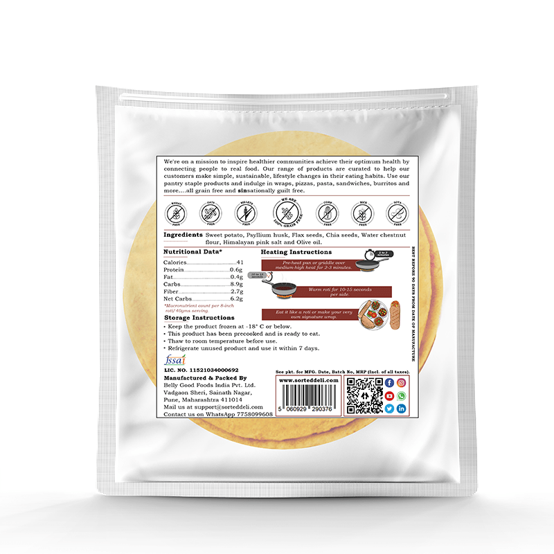 Potato Roti | (Sweet Potato Roti) - Wrap - Tortilla - Frozen - Vegan, Gluten Free, Low Gi, High In Protein, Non Gmo, Zero Trans Fat &amp; Grain Free - Get Sorted - Pack Of 5