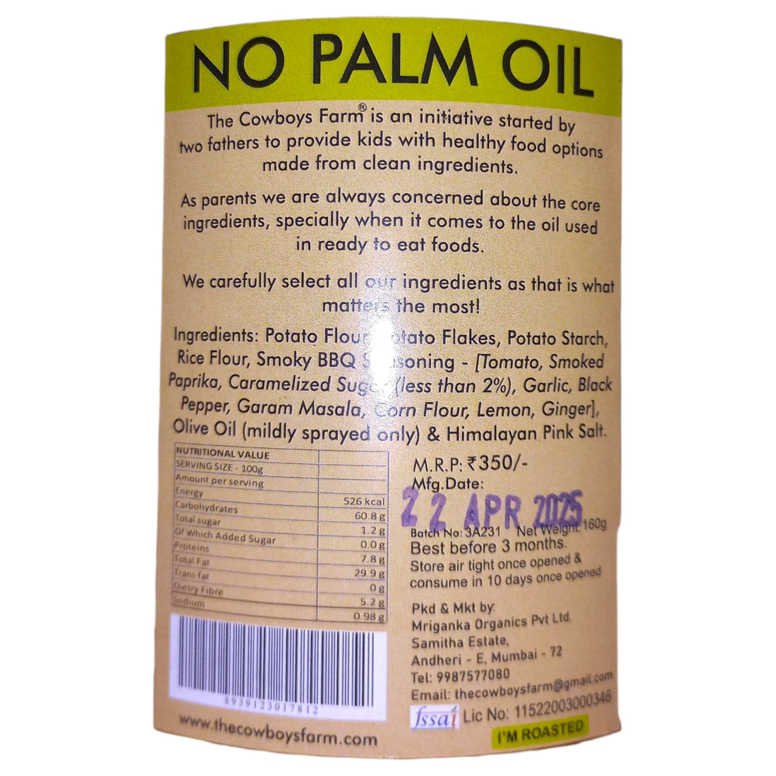 Potato Wafers | Non Fried Potato Wafers (Smokey BBQ) - Gluten Free, No Palm OIl, No Flavor Enhancer, No Artificial Colors & No Added Preservatives - Natural Ingredients - The Cowboys Farm – 130gm