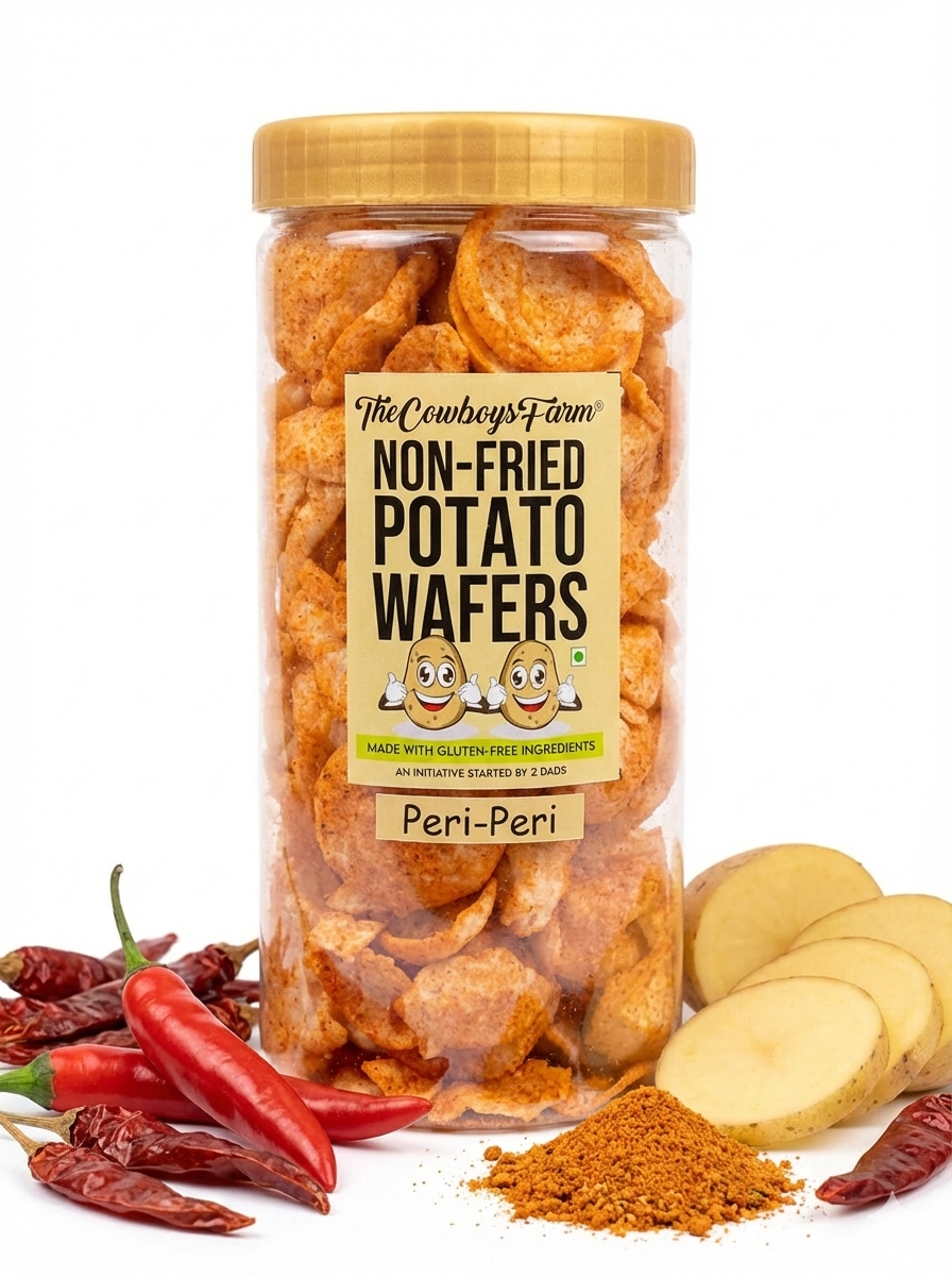 Potato Wafers | Non Fried Potato Wafers (Peri-Peri) - Gluten Free, No Palm OIl, No Flavor Enhancer, No Artificial Colors &amp; No Added Preservatives - Natural Ingredients - The Cowboys Farm – 130gm