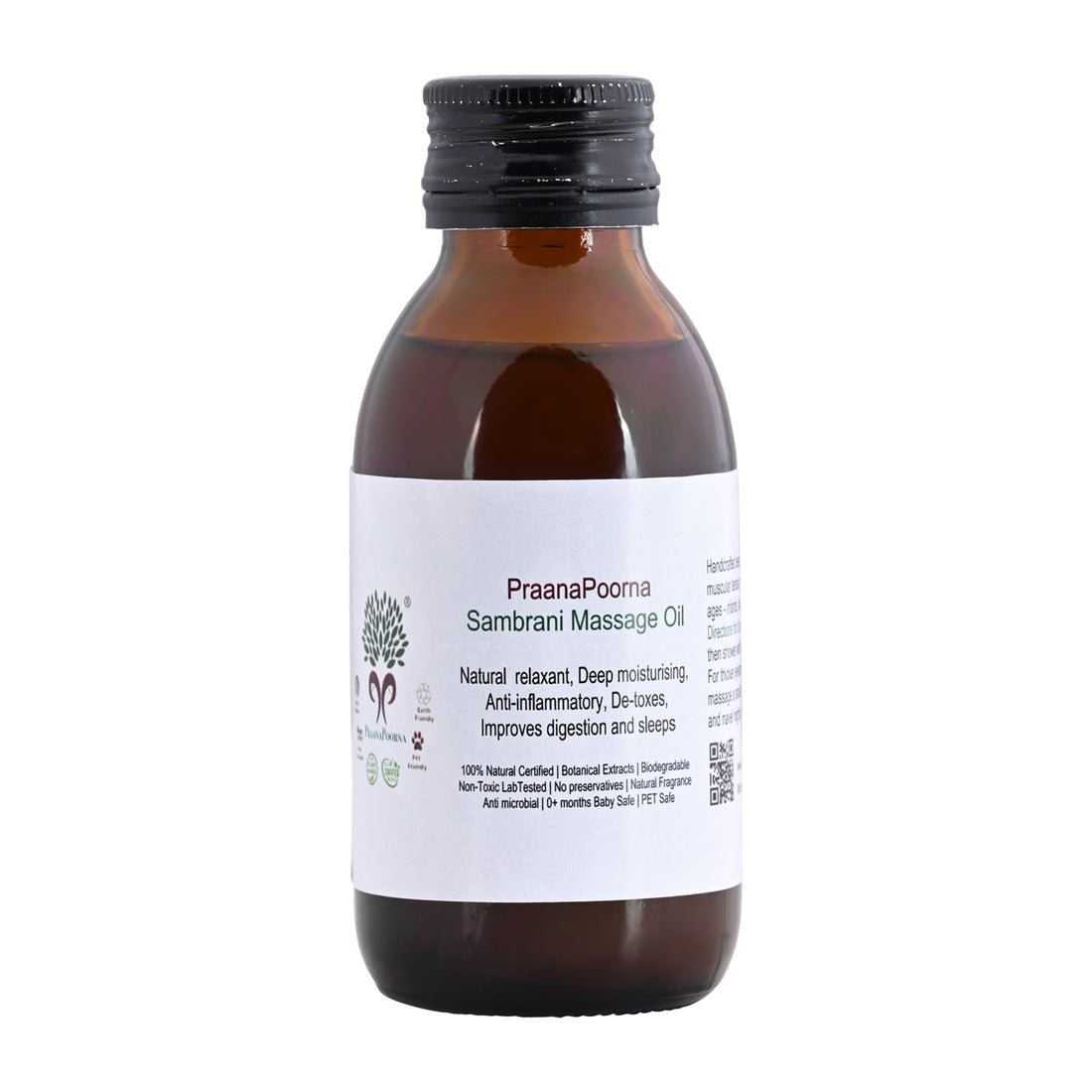 Massage Oil | Sambrani Massage Oil - Natural Relaxant - Deep Moisturising - Anti Inflammatory - De Toxes - 100% Natural Certified - Improves Digestion And Sleeps, Natural Fragrance, No Additives & No Added Preservatives - Praanapoorna - 100ml