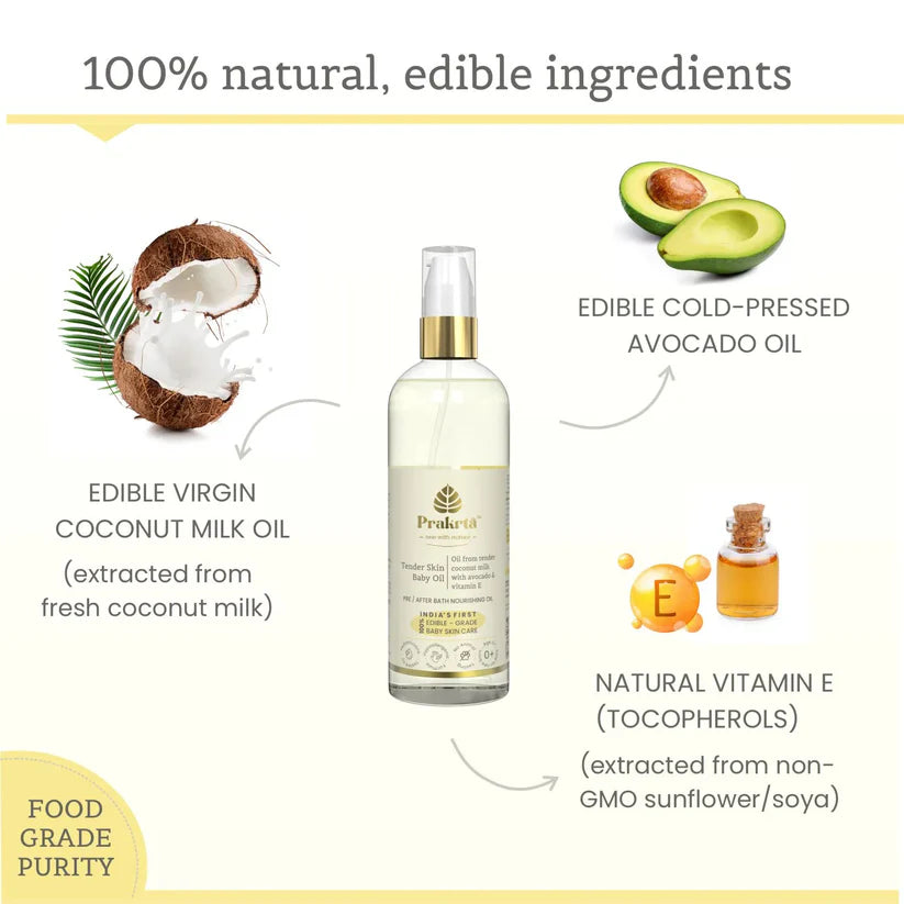 Oil |  Tender Skin Baby Oil -100% Natural -Virgin coconut oil with vitamin E and avocado extract  - No Added Preservatives -Prakrta- 200ml