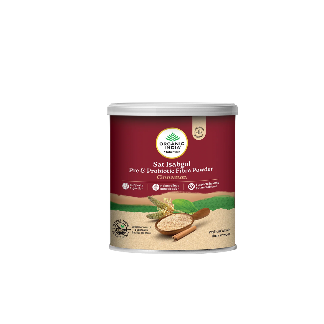 Salt Isabgol Pre &amp; Probiotic Fibre (Cinnamon)-Gluten Free- Psyllium Whole Husk Powder - Oragnic - Herbal Supplements-Supports Digestion , Boosts immunity  - Organic India - 100gm