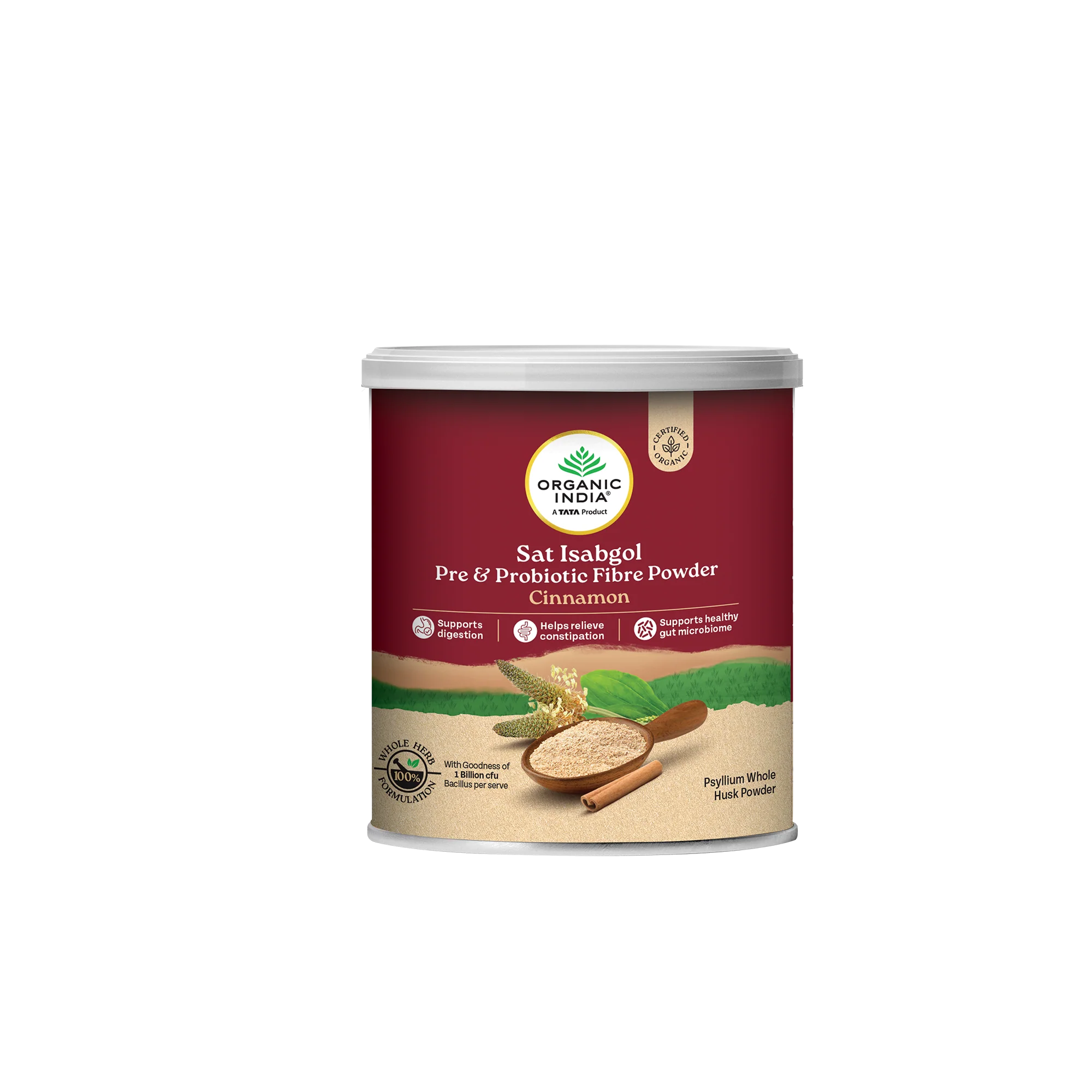 Salt Isabgol Pre &amp; Probiotic Fibre (Cinnamon)-Gluten Free- Psyllium Whole Husk Powder - Oragnic - Herbal Supplements-Supports Digestion , Boosts immunity  - Organic India - 100gm