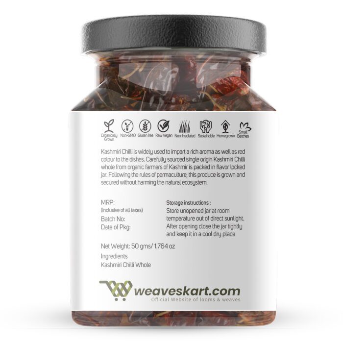 Premium Kashmiri Chilli Whole - Vegan &amp; Gluten Free - Looms And Weaves – 50gm