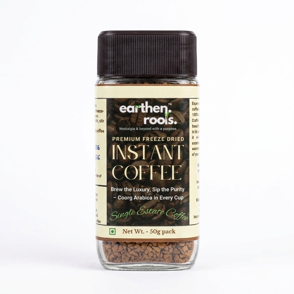 Coffee Powder | Premium Freeze Dried (Instant Coffee) - Bold & Aromatic - Single Estate Coffee - No Artificial Flavors Or No Added Preservatives - Earthen Roots - 50gm