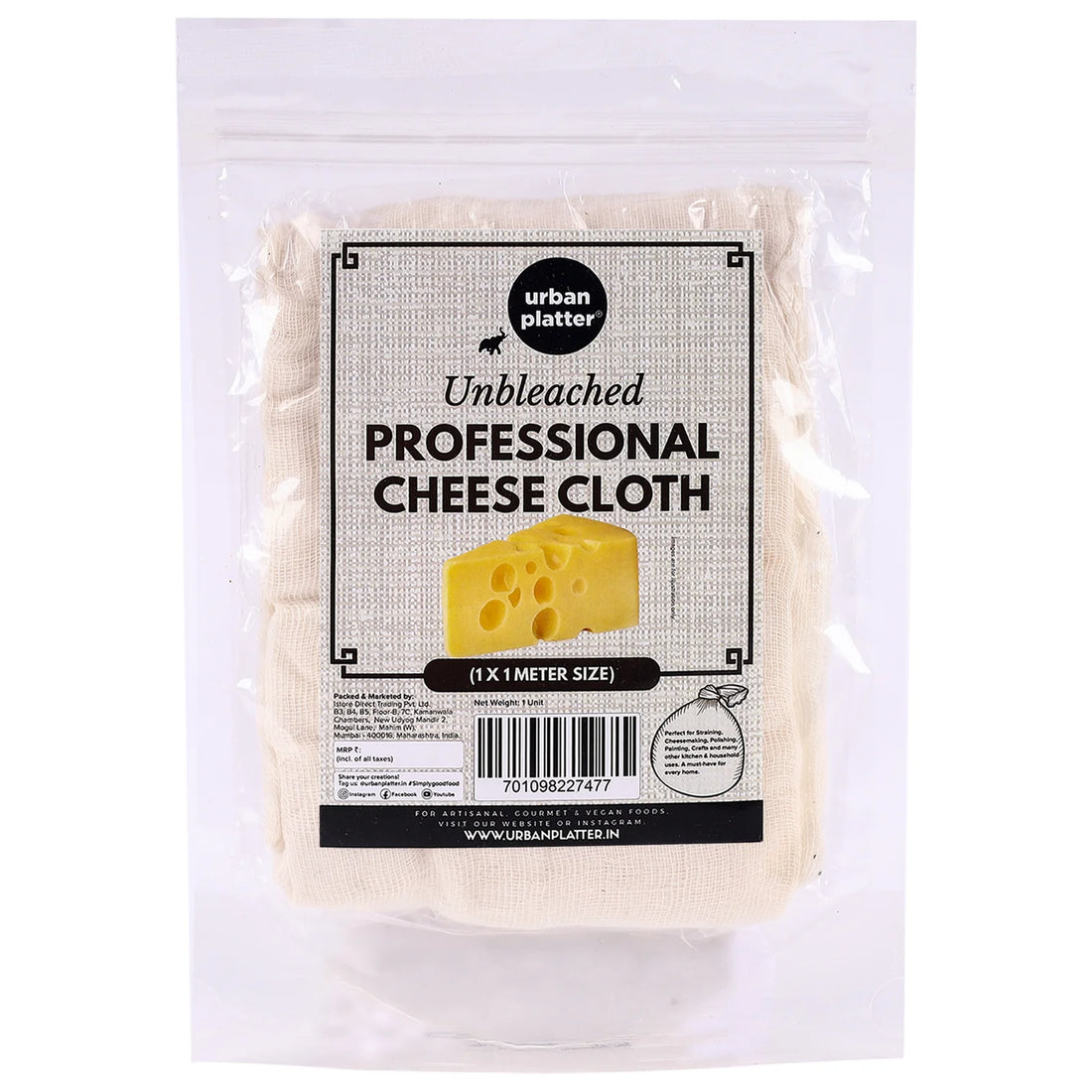 Cheese Cloth | Premium Professional Cheese Making Cloth - 100% Cotton - Unbleached - Urban Platter - 1x1 Meter Size