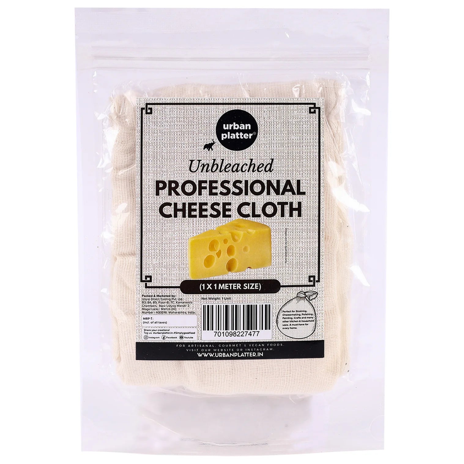 Cheese Cloth | Premium Professional Cheese Making Cloth - 100% Cotton - Unbleached - Urban Platter - 1x1 Meter Size