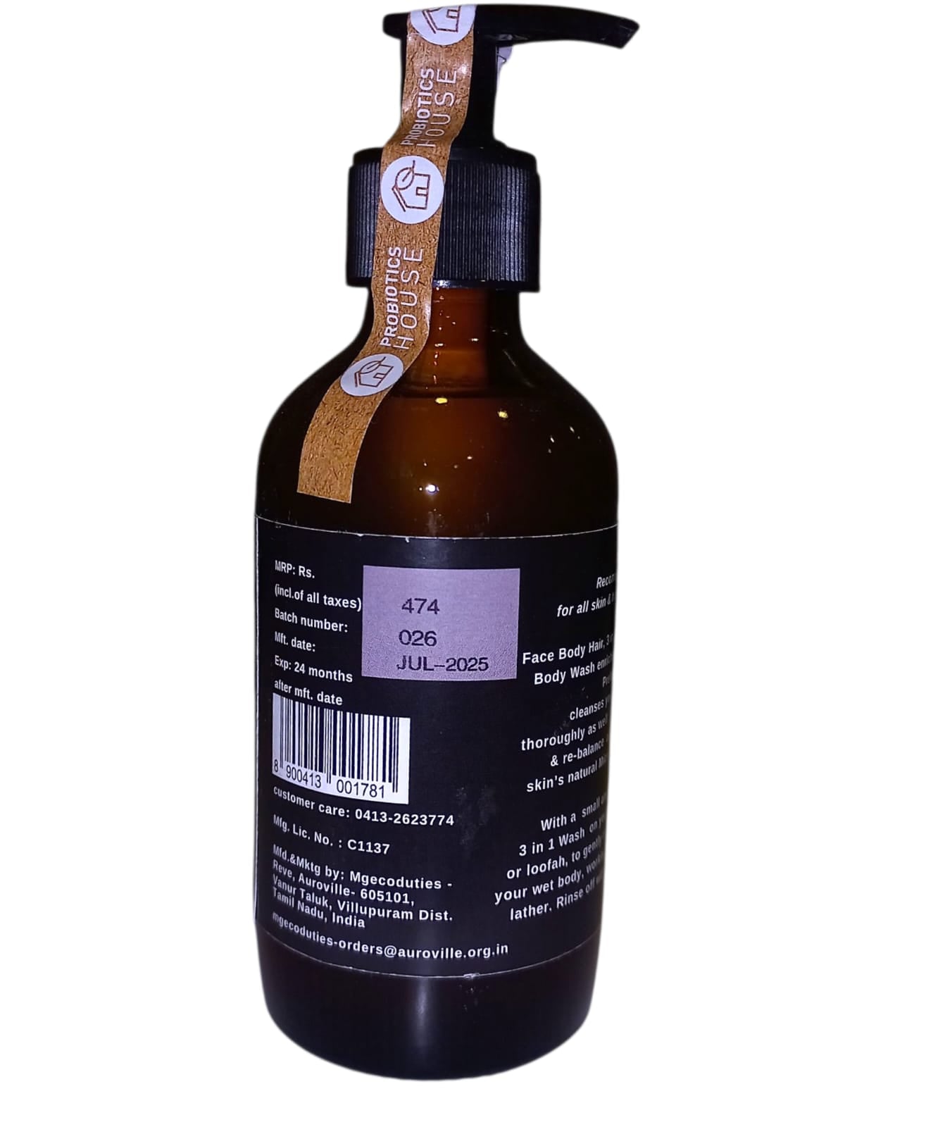 Hair, Face, Body Wash | Orange &amp; Bergamot - Vegan, Chemical Free &amp; Palm Oil Free - Probiotic House - 200gm