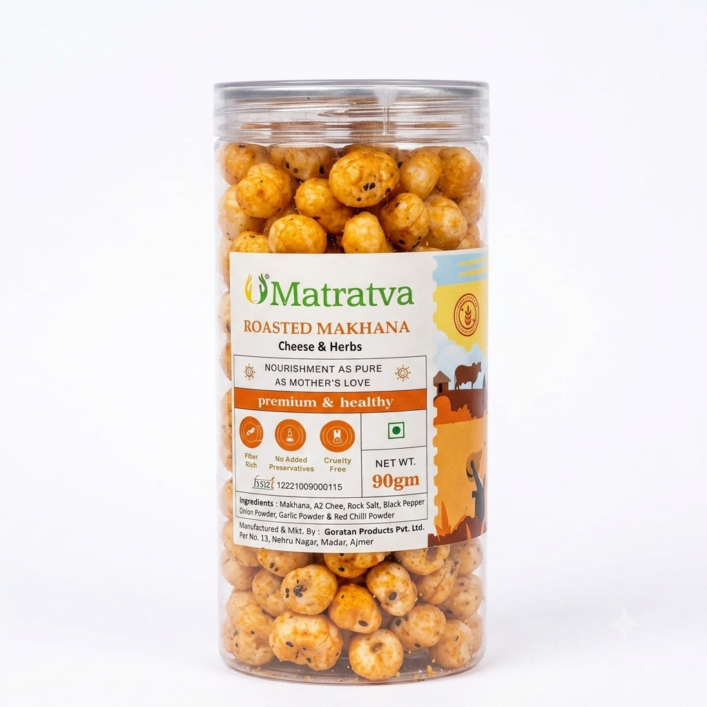 Makhana | Roasted Makhana (Cheese &amp; Herbs ) - Made In A2 Ghee - Premium &amp; Healthy - Made With Organic Ingredients - Healthy - Not Fried - Gluten Free, Cruelty Free, High In Fibre &amp; No Added Preservatives - Matratva - 90gm