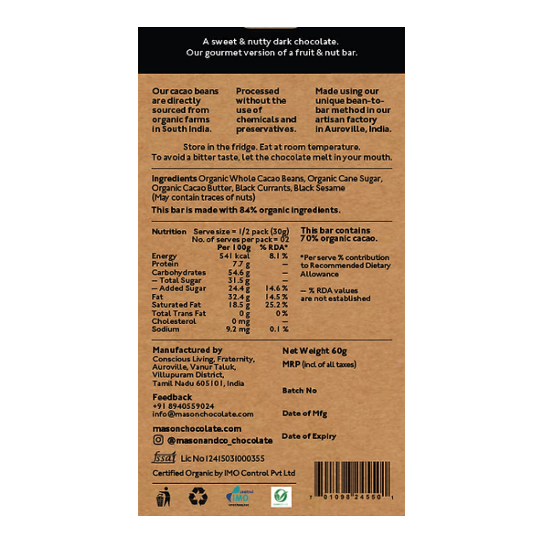 70% Black Sesame &amp;amp; Raisin Dark Chocolate Bar – Vegan &amp;amp; Gluten Free - Mason &amp;amp; Co – 60gm