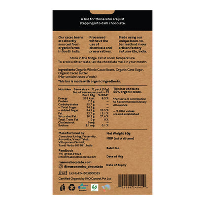 65% Semi-Sweet Dark Chocolate Bar – Vegan &amp;amp; Gluten Free - Mason &amp;amp; Co – 60gm
