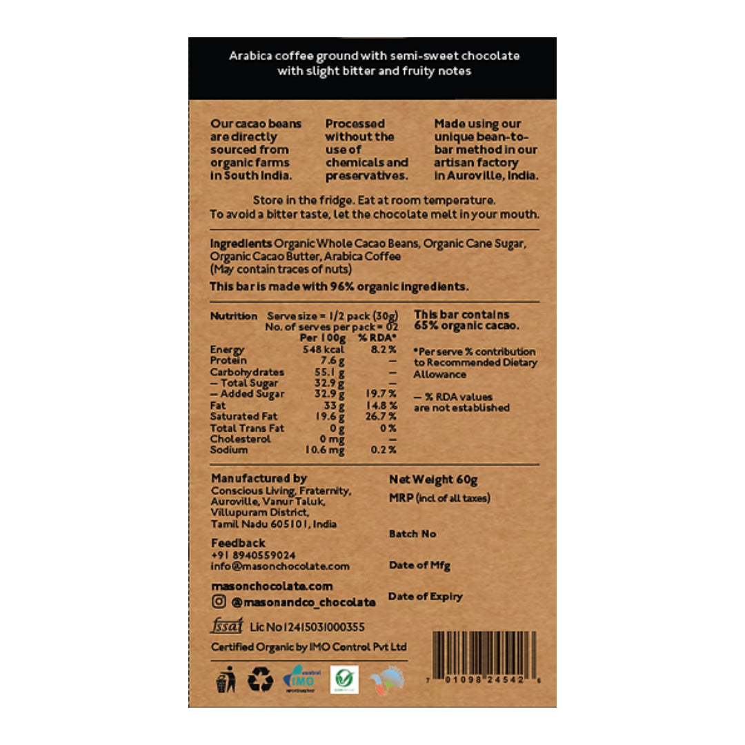 65% Espresso Dark Chocolate - Vegan & Gluten Free - Mason & Co - 60gm