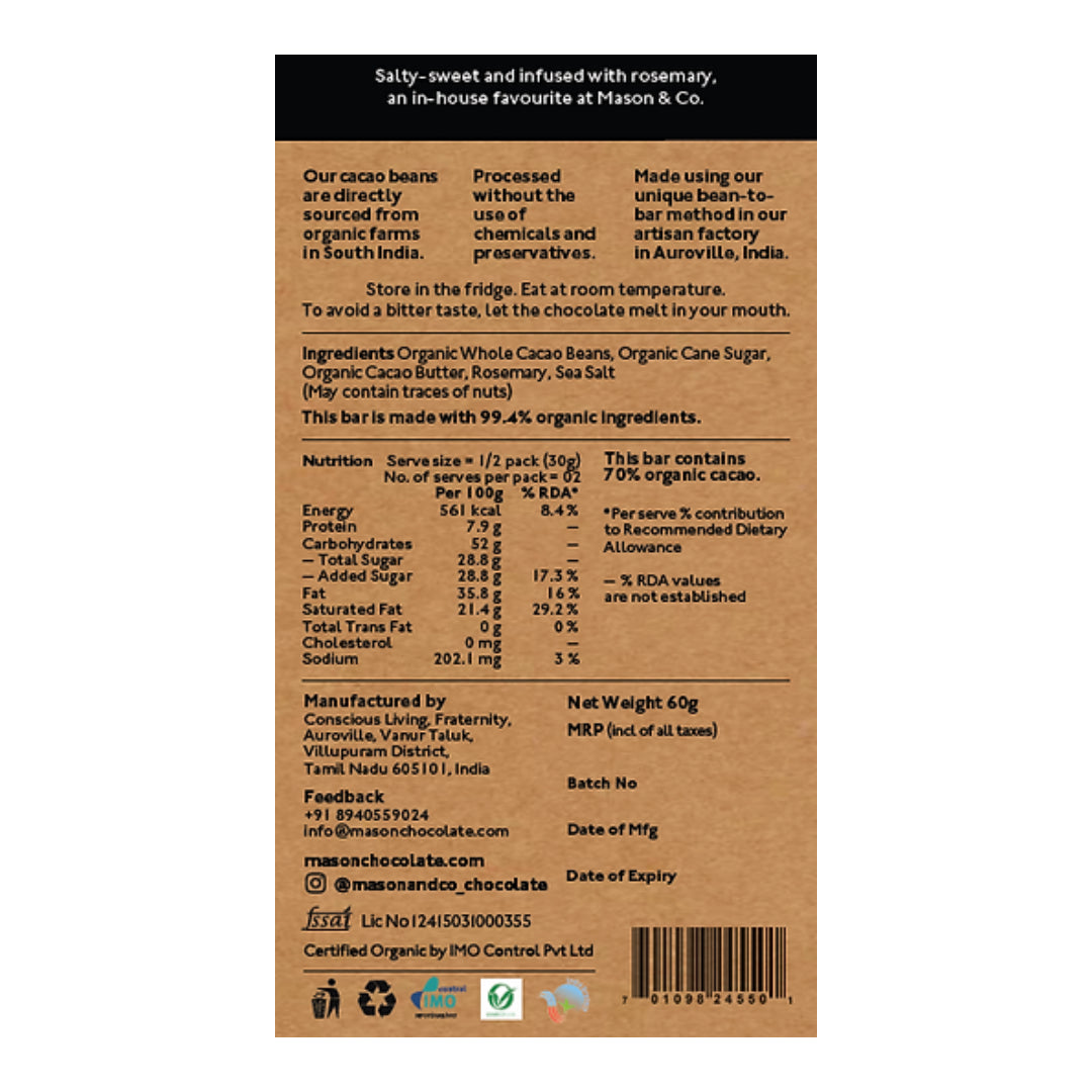 70% Rosemary &amp;amp; Sea Salt Dark Chocolate Bar – Mason &amp;amp; Co – 60gm