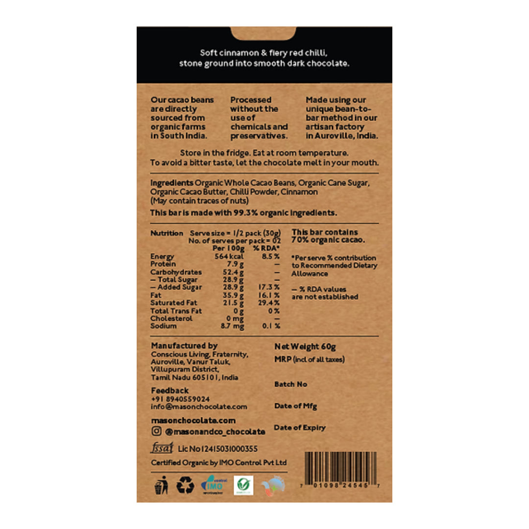70% Chilli &amp;amp; Cinnamon Dark Chocolate Bar – Vegan, Gluten Free &amp;amp; Soy Free - Mason &amp;amp; Co – 60gm