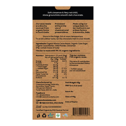 70% Chilli &amp;amp; Cinnamon Dark Chocolate Bar – Vegan, Gluten Free &amp;amp; Soy Free - Mason &amp;amp; Co – 60gm